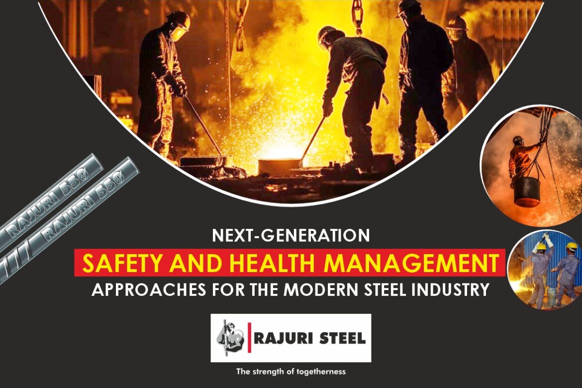 Steel workers operating near molten metal in a modern steel plant.