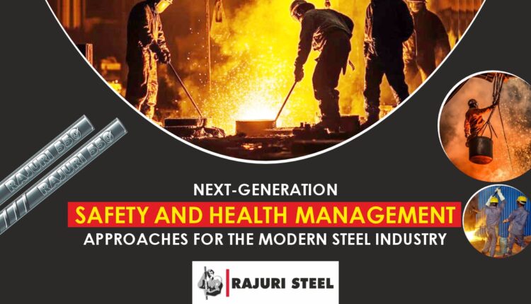 Steel workers operating near molten metal in a modern steel plant.