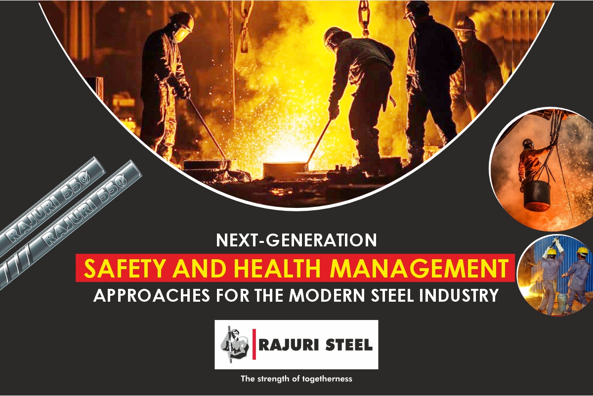 Steel workers operating near molten metal in a modern steel plant.