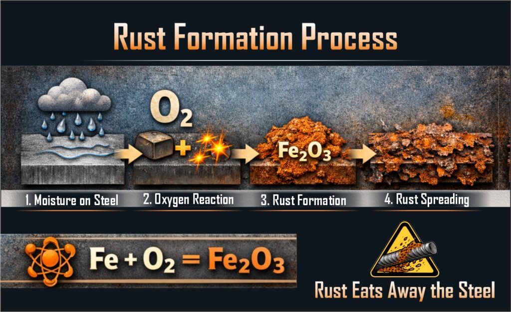 Rust formation on TMT bars due to moisture and oxygen exposure